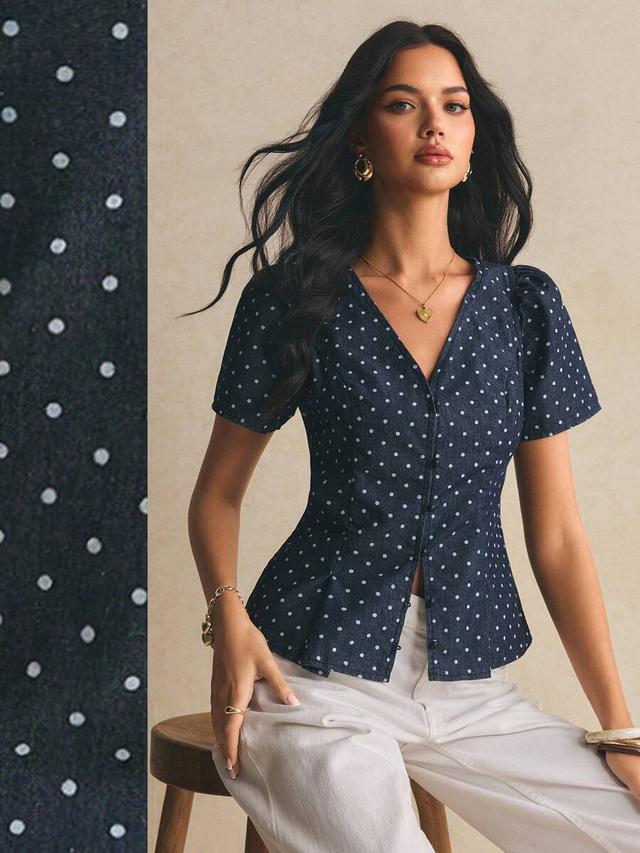 polka dot denim button down peplum blouse
