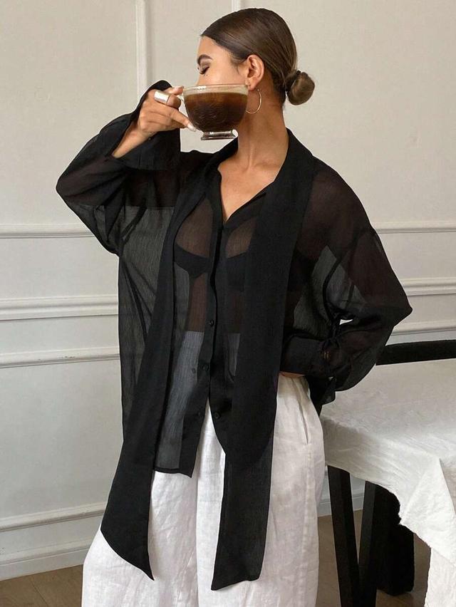 black sheer tie neck long sleeve blouse