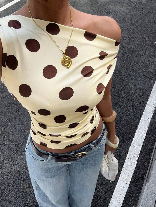 siren gaze polka dot asymmetric neckline tank top