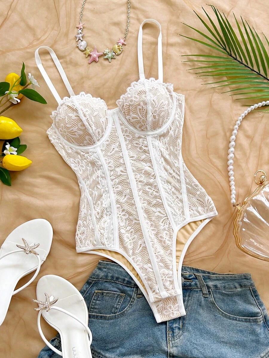 beige and white lace trim corset bodysuit