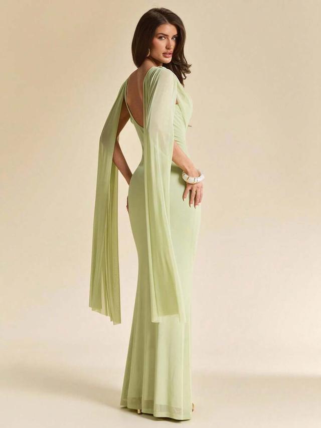 sage green ruched shawl collar flounce mermaid dress