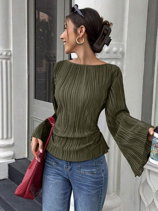 olive green pleated flare sleeve cinched waist blouse