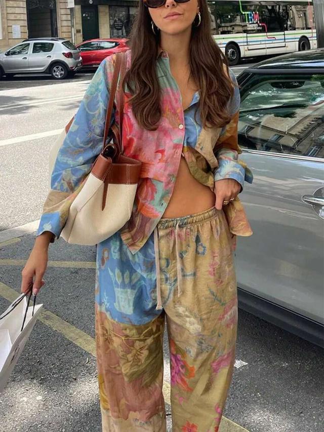 bohemian floral print button down shirt and drawstring trousers