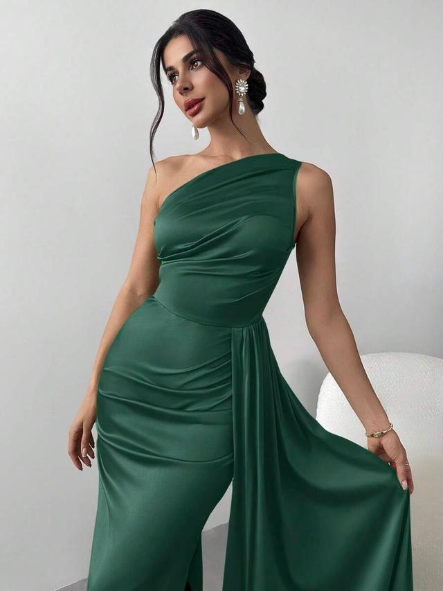 dark green one shoulder ruched satin evening dress