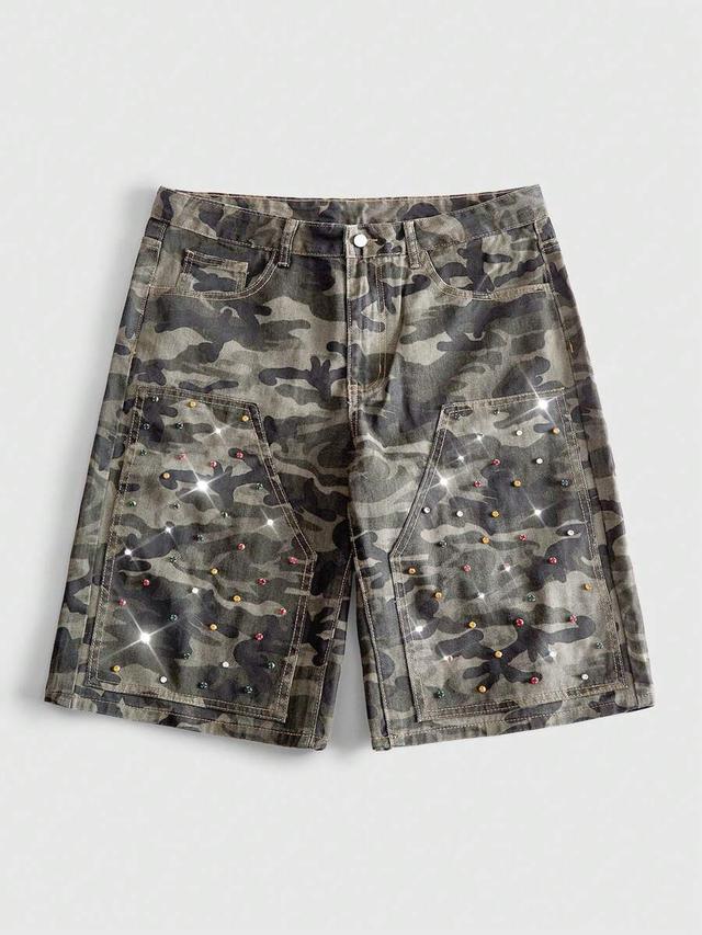 washed camouflage denim shorts with beaded detail