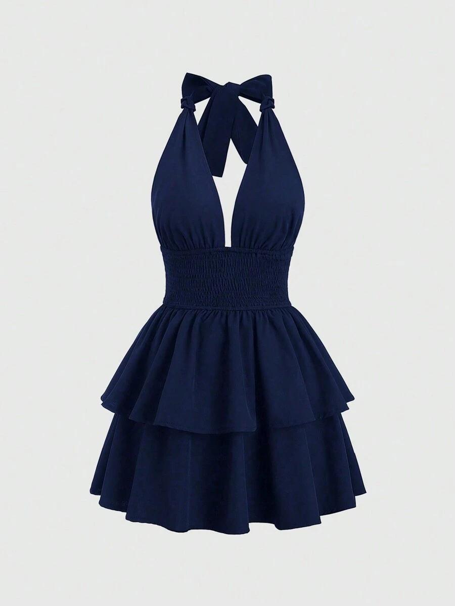 solid navy blue cinched waist tiered halter dress