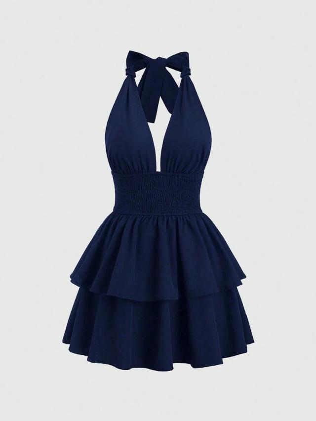 solid navy blue cinched waist tiered halter dress