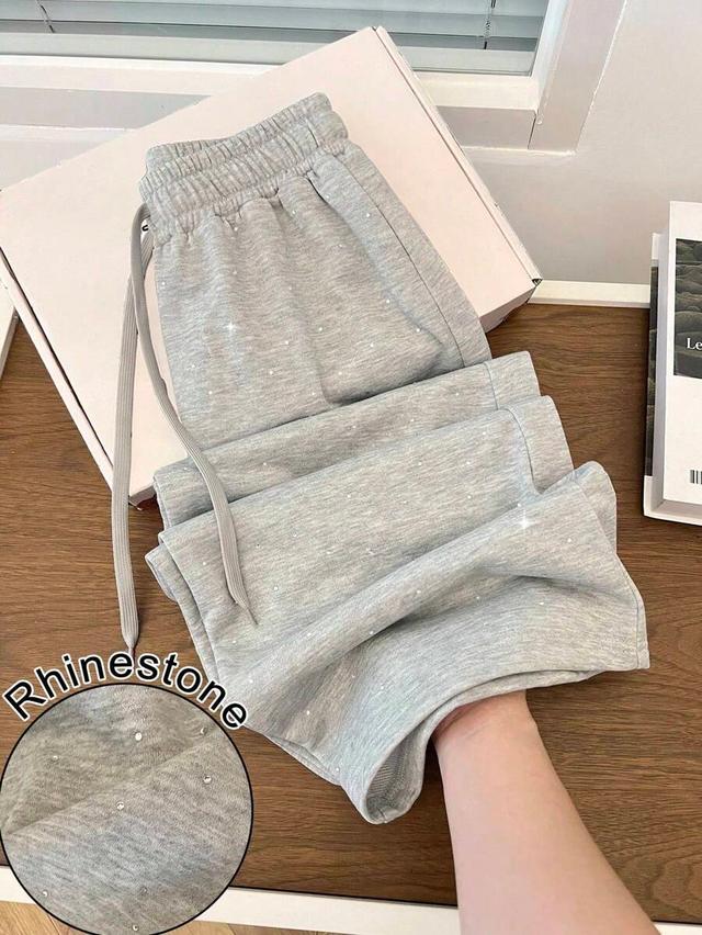 grey rhinestone embellished high waist drawstring sweatpants