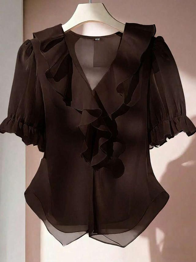franclia v-neck ruffle puff sleeve casual blouse