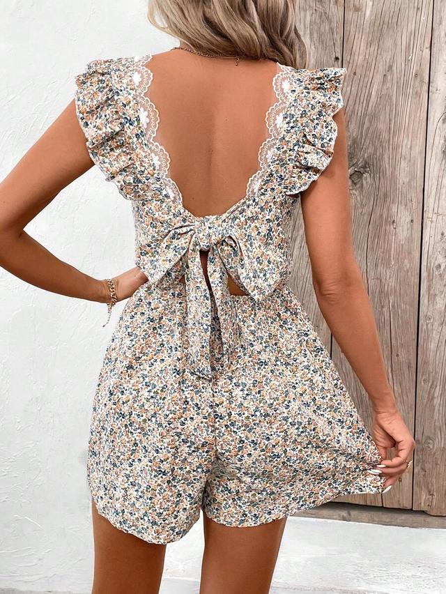 ditsy floral print tie-back ruffle-trimmed jumpsuit