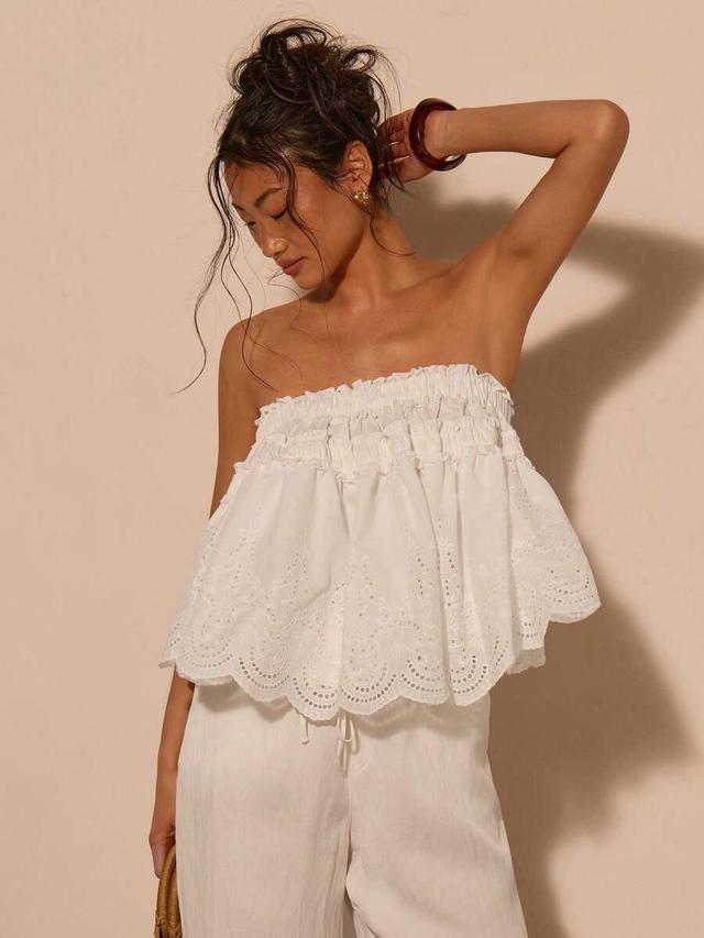white cotton eyelet ruffle tube top