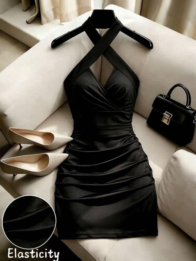 black satin halter neck ruched mini dress