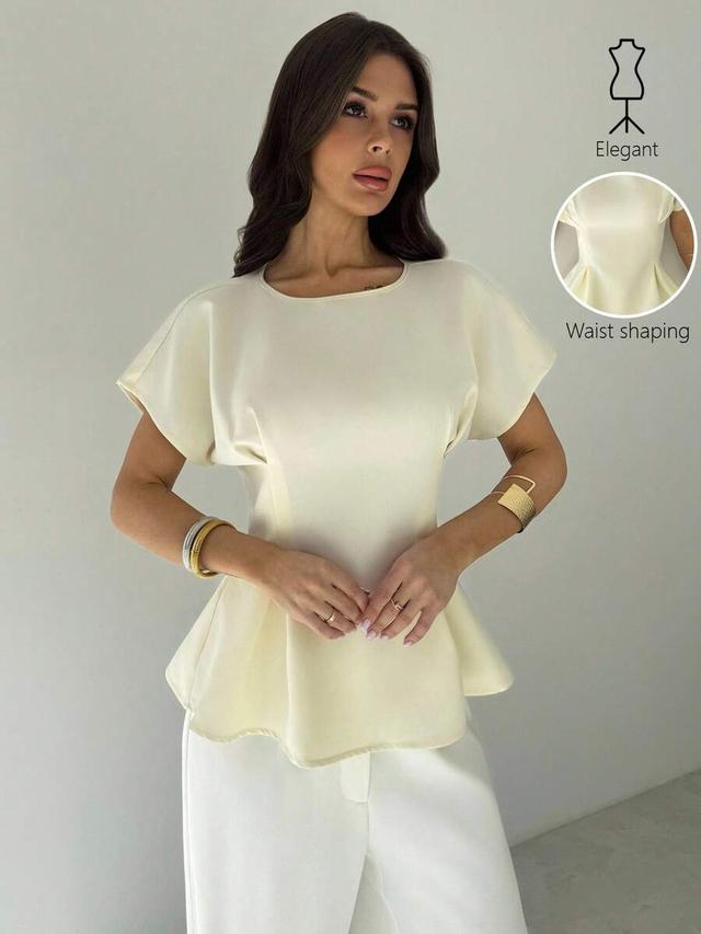 minimalist cream white waist pleated short sleeve top