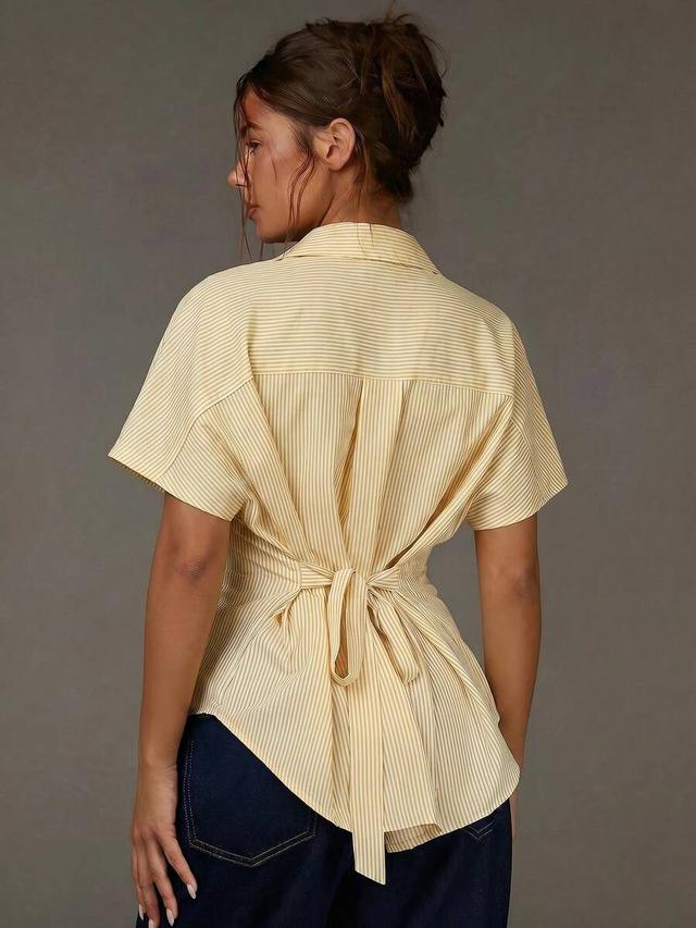 yellow striped short sleeve tie-back button-up shirt