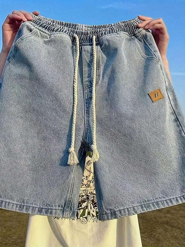 men's casual loose fit denim shorts with drawstring
