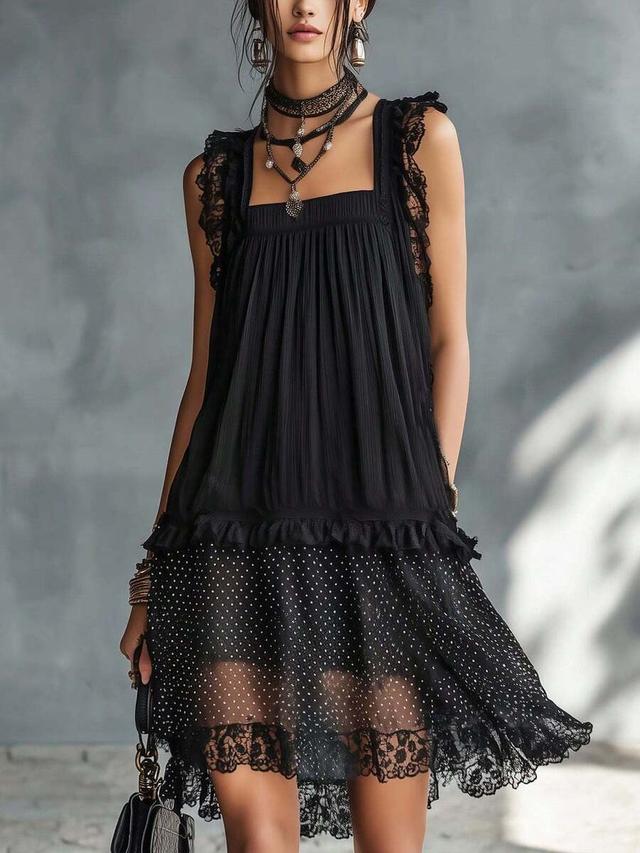 black sleeveless square neck lace ruffle polka dot dress