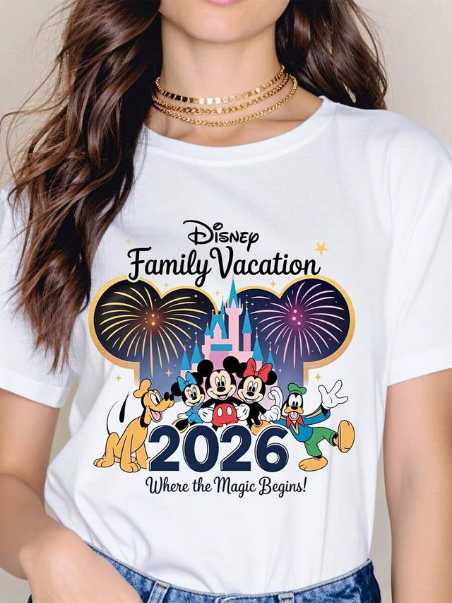 white cotton graphic t-shirt with disney vacation print