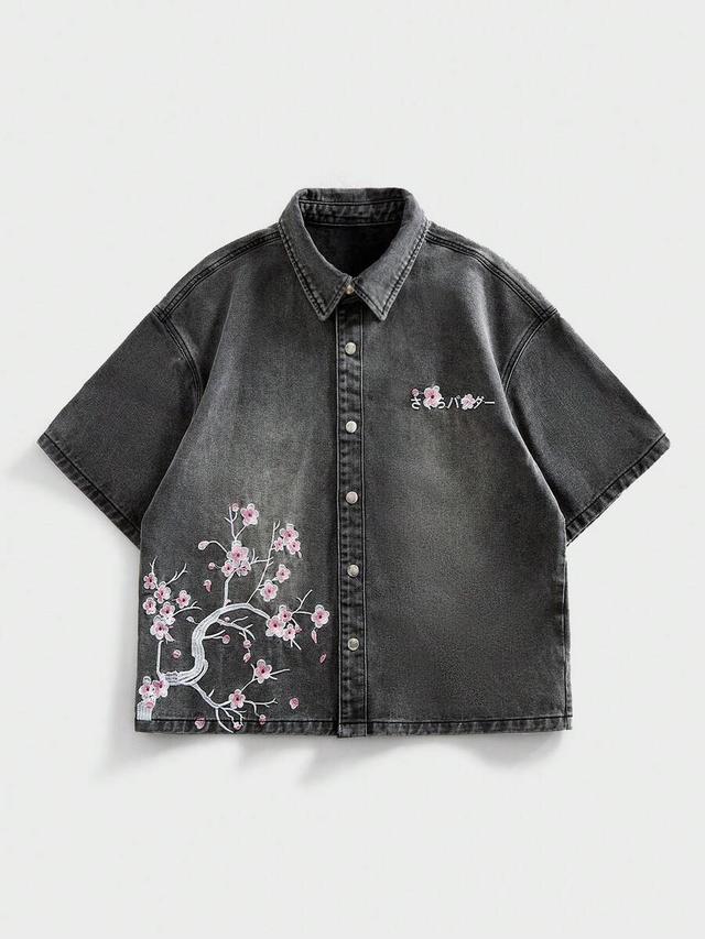 grey floral embroidered short sleeve denim shirt