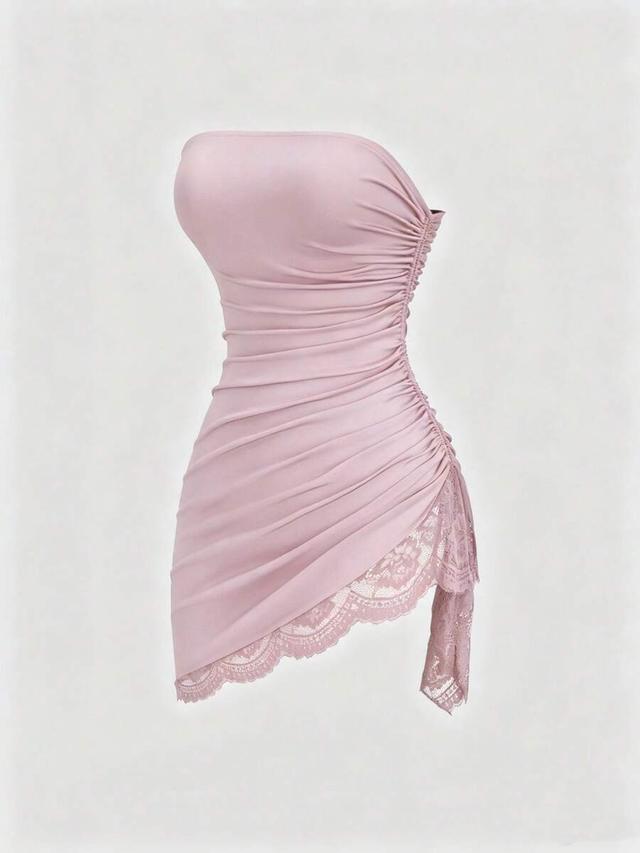 pink lace patchwork ruched fitted tube mini dress