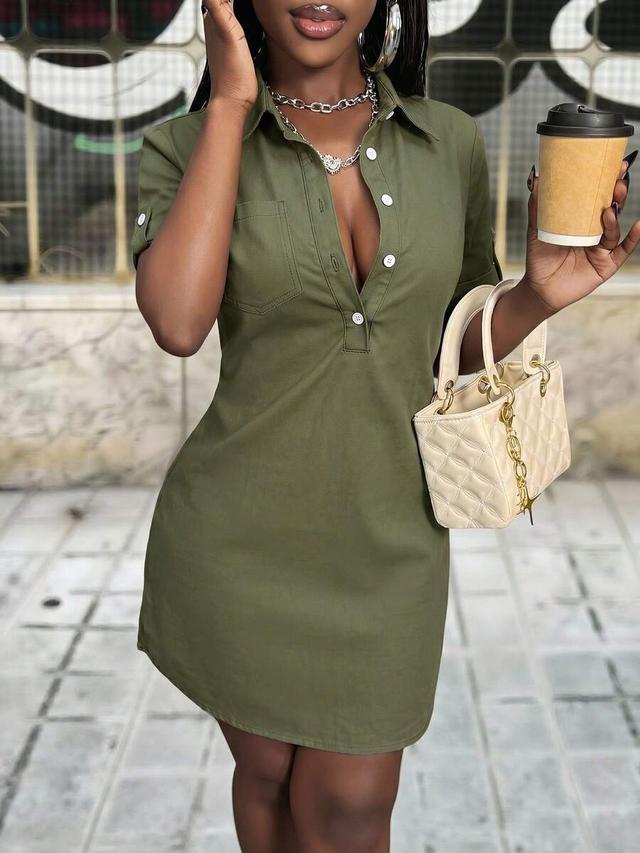 olive green cotton shirt dress with button placket