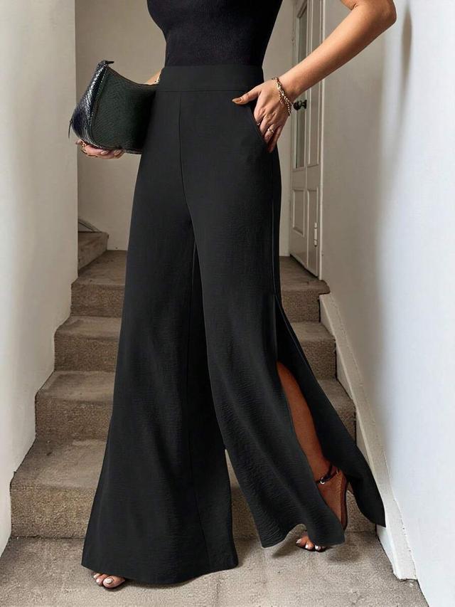 black solid split side wide leg trousers