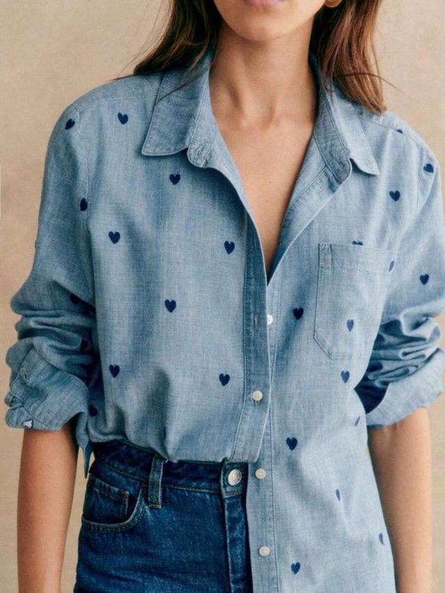 casual heart print long sleeve chambray shirt