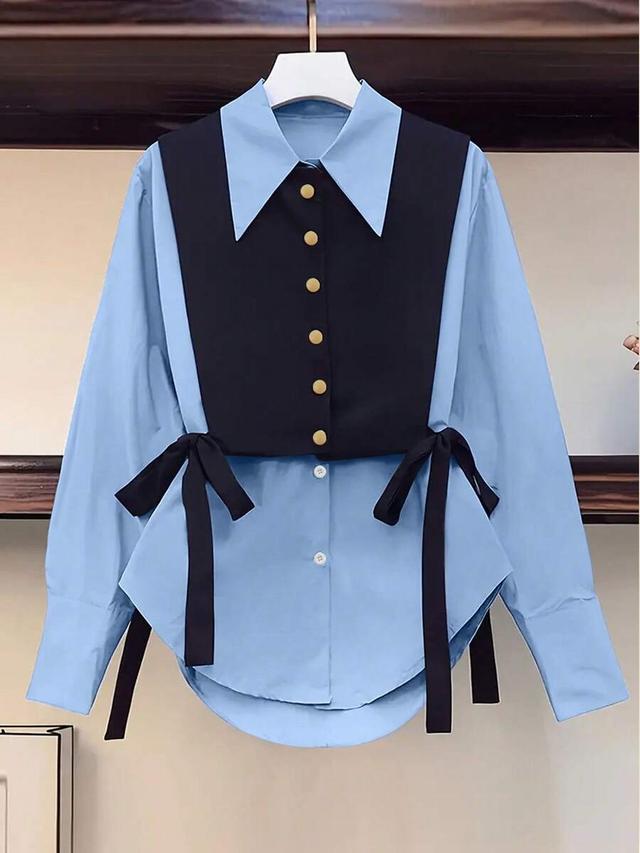 light blue colorblock blue shirt with black tie-detail overlay