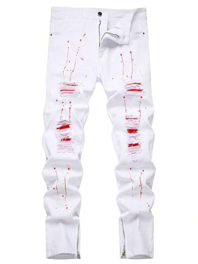 men's white slim-fit stretch jeans with ink-stained patterns