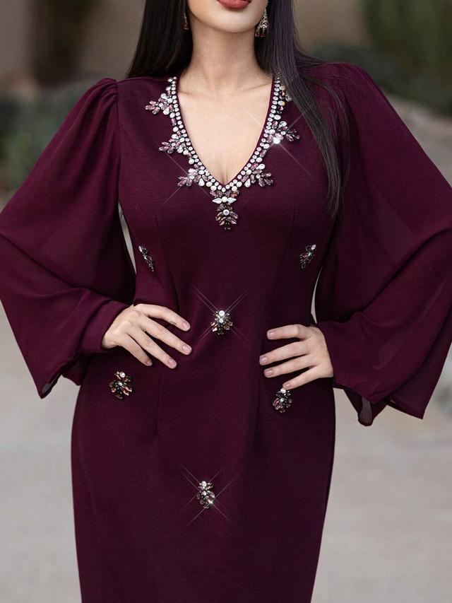 wine red knitted midi dress with crystal embellishments