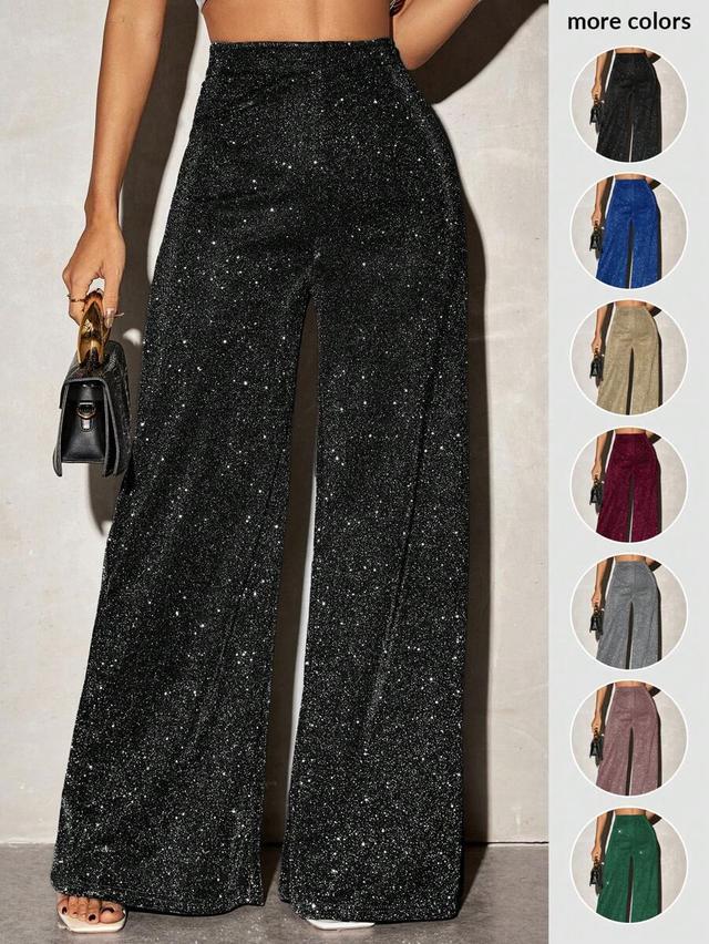grey shiny black knit high waist wide leg pants