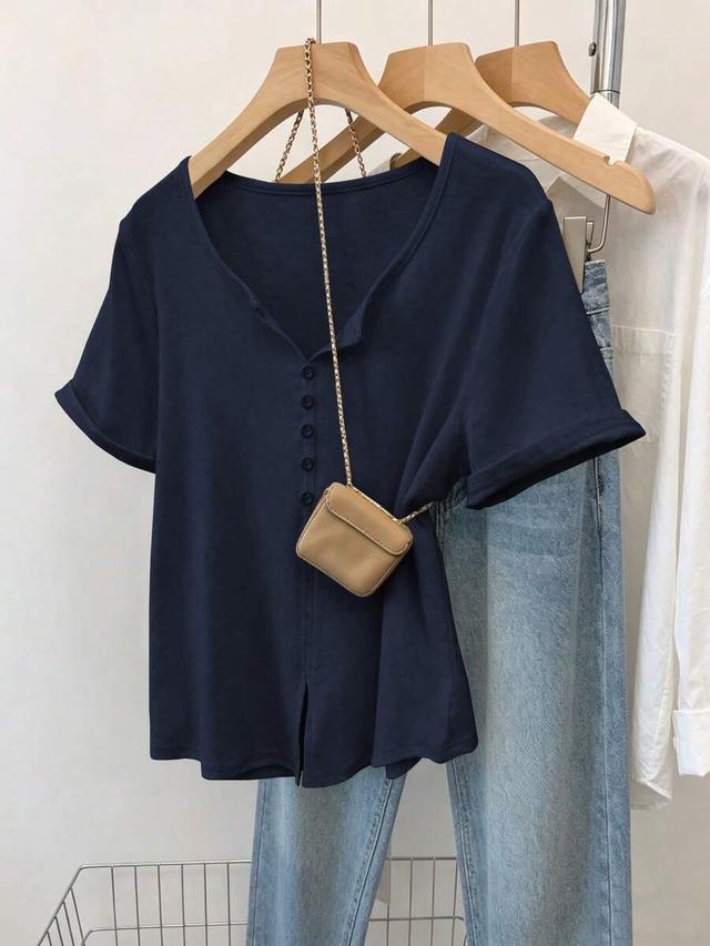 navy blue casual button front short sleeve t-shirt