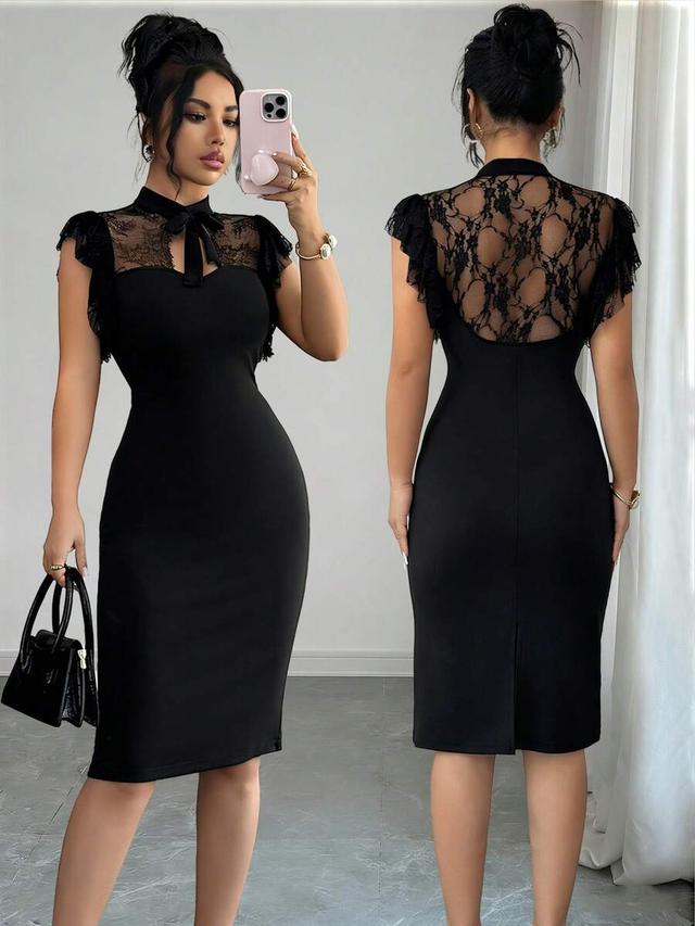 elegant black lace bodycon midi dress with ruffle sleeves