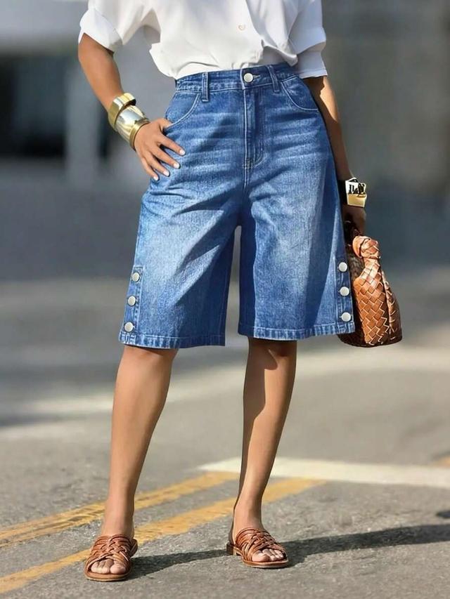 high waisted medium wash denim bermuda shorts