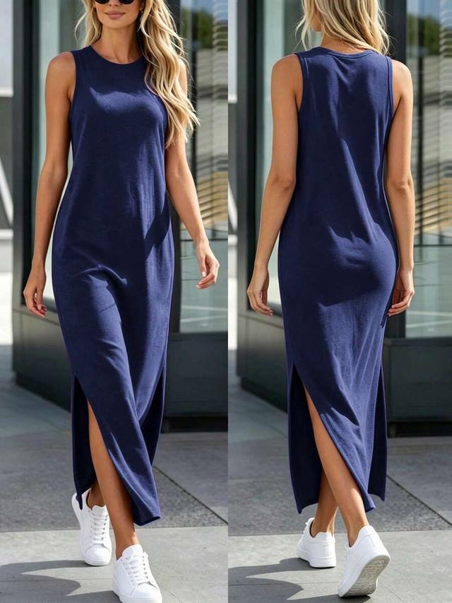 navy blue round neck sleeveless casual maxi dress