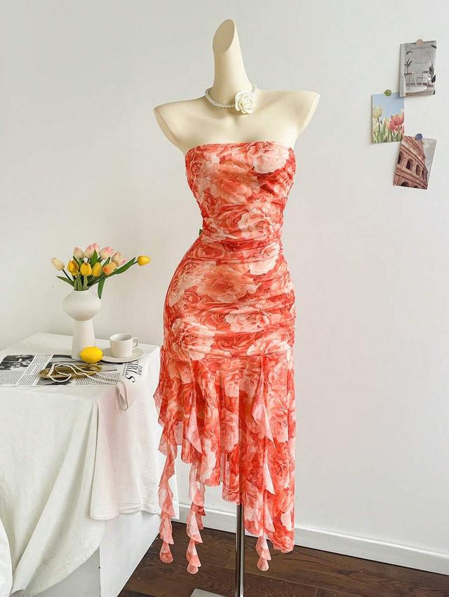 floral mesh ruched halter midi dress