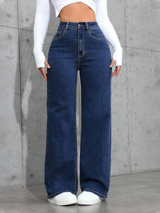 high waisted dark wash wide leg denim jeans