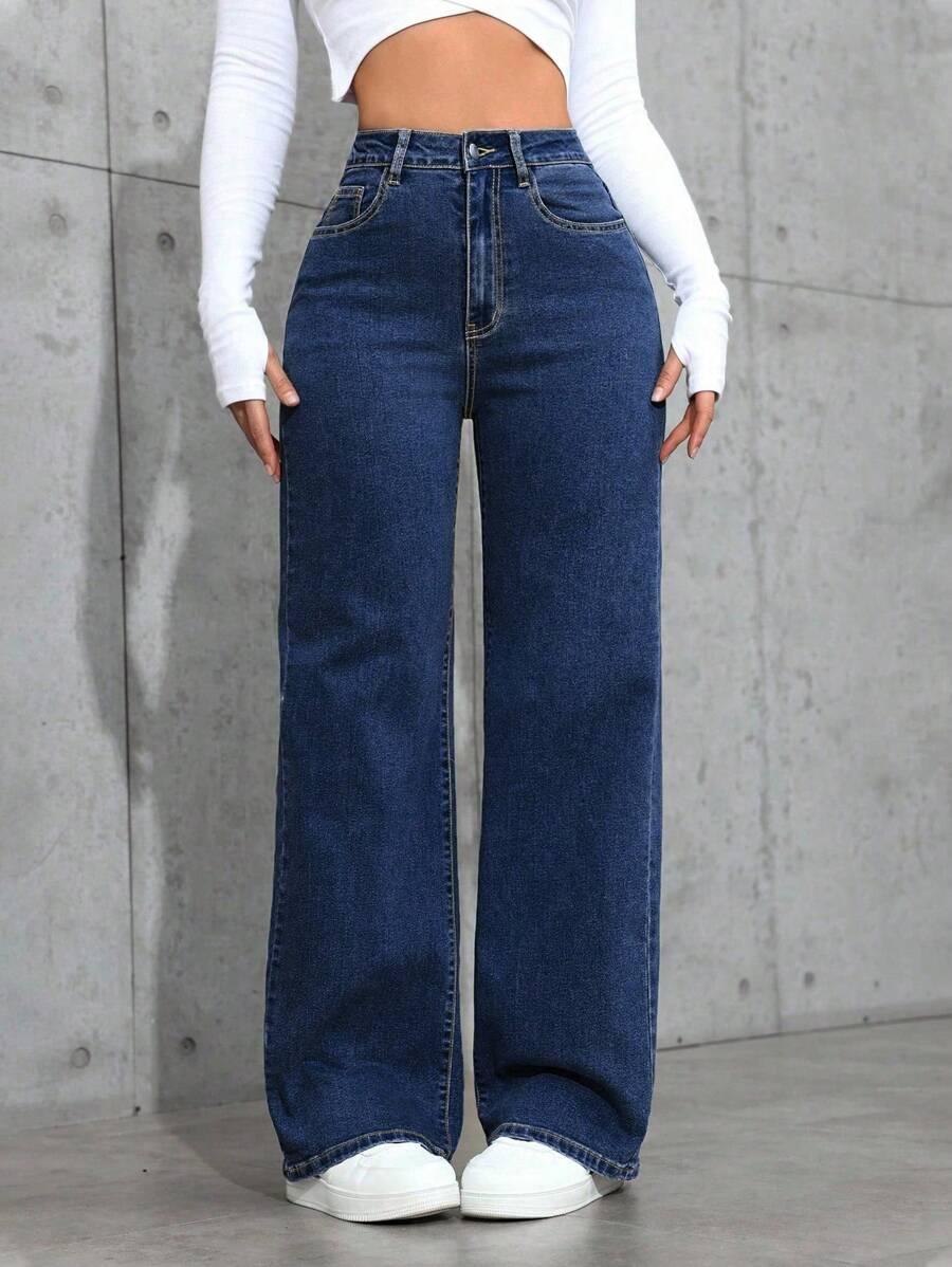 high waisted dark wash wide leg denim jeans