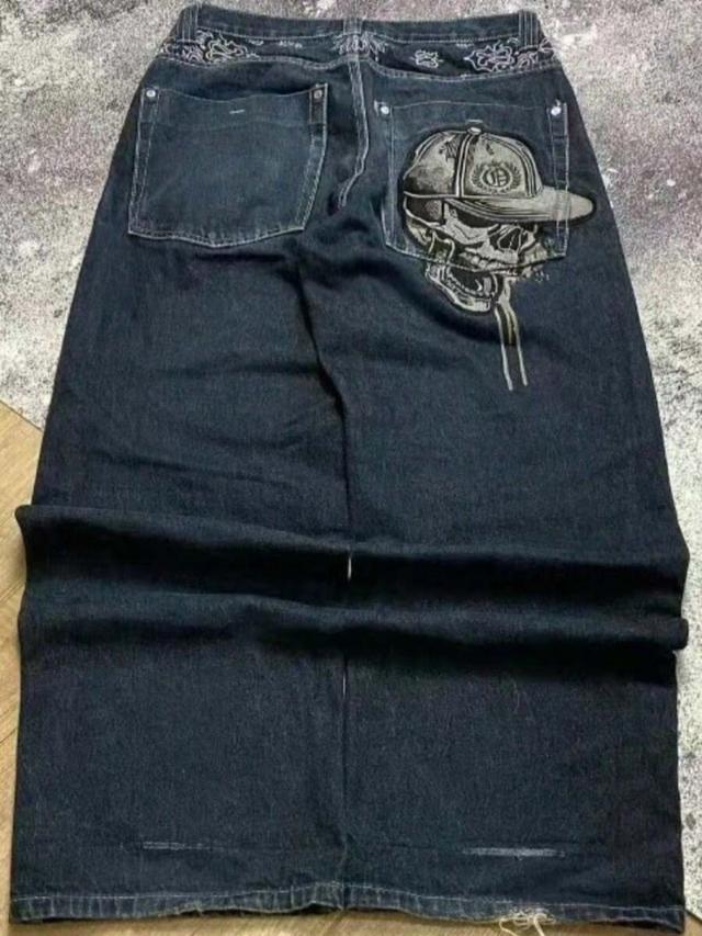 embroidered dark wash loose fit wide-leg jeans