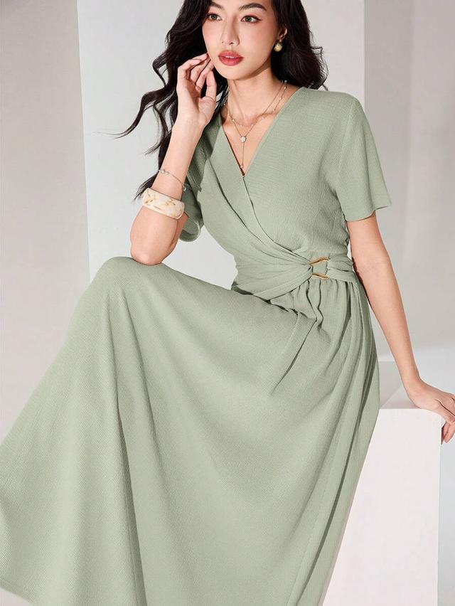 sage green v-neck short sleeve pleated elegant dress