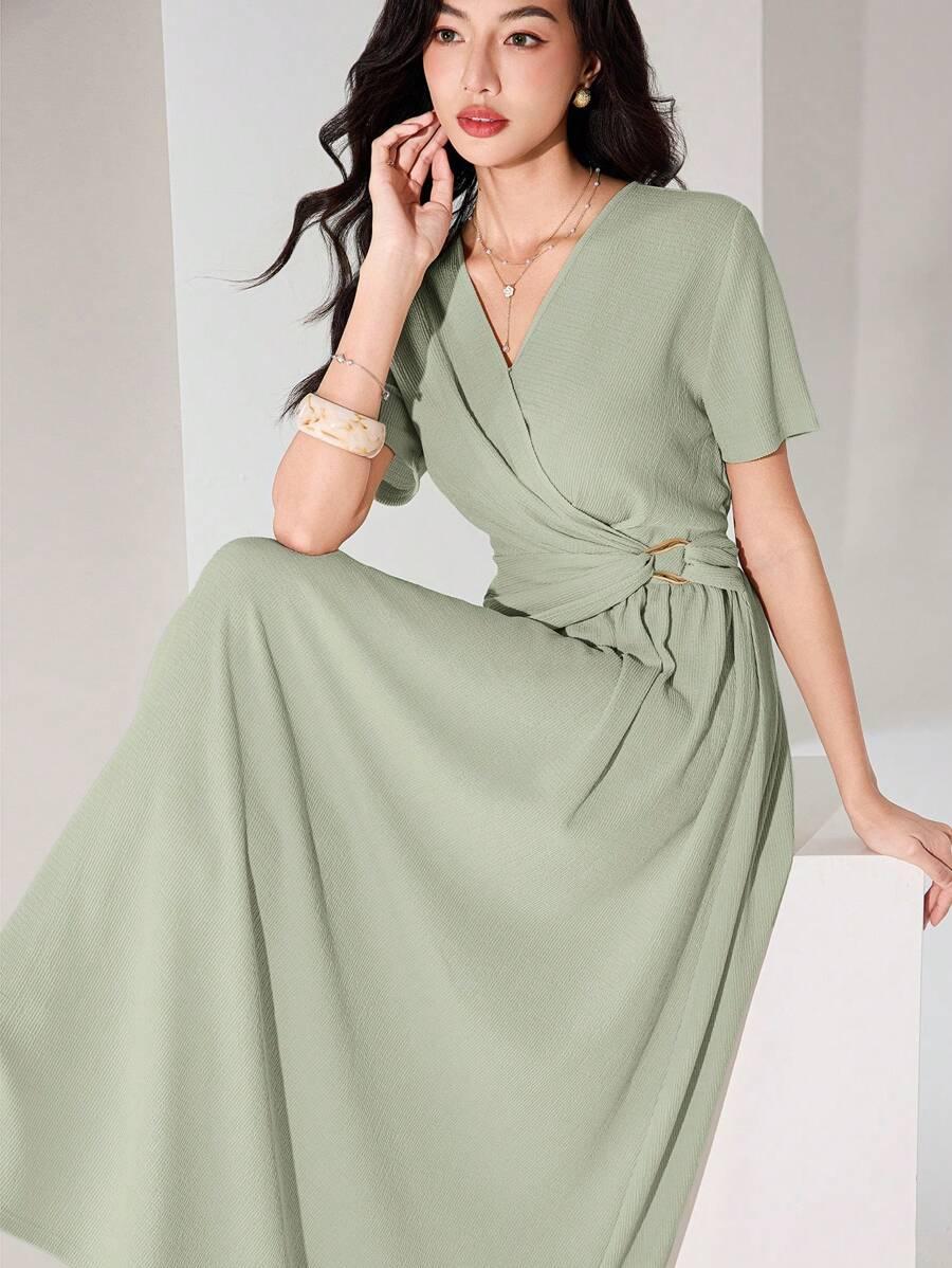 sage green v-neck short sleeve pleated elegant dress