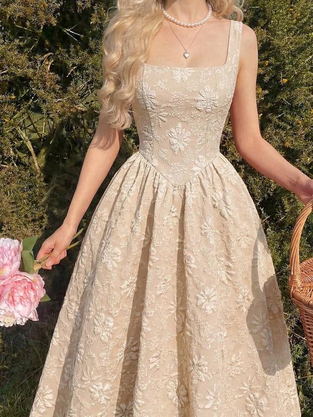 beige floral jacquard vintage palace style midi dress