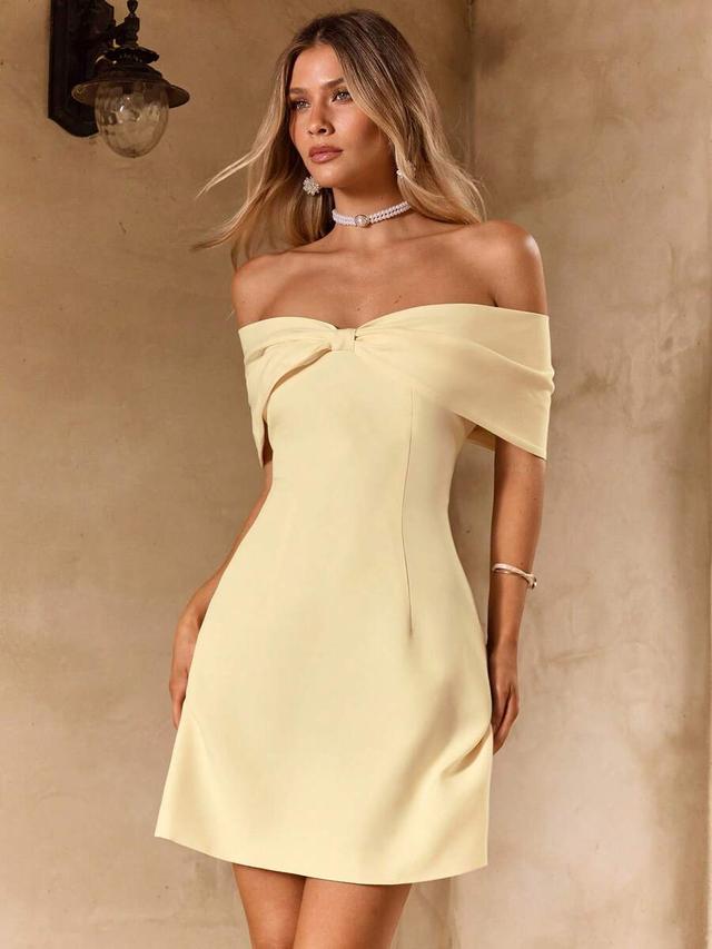 pale yellow off shoulder bow a-line party dress