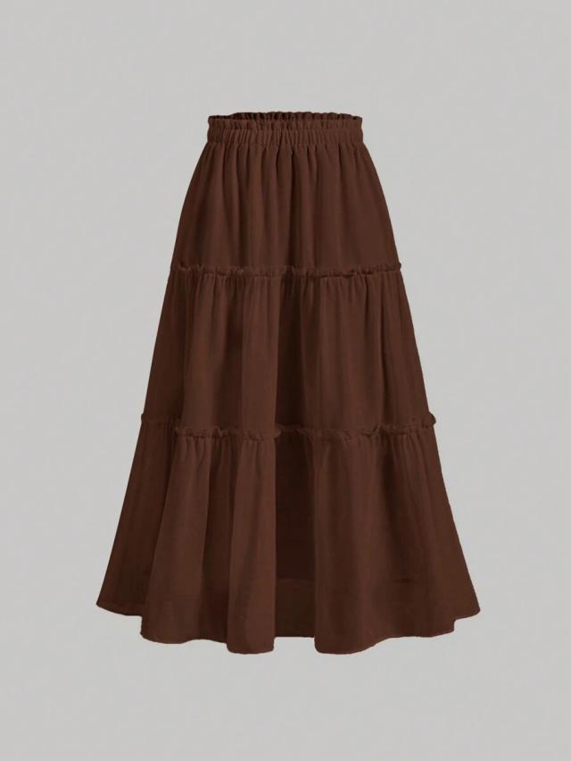 brown frill trim ruffle hem midi skirt
