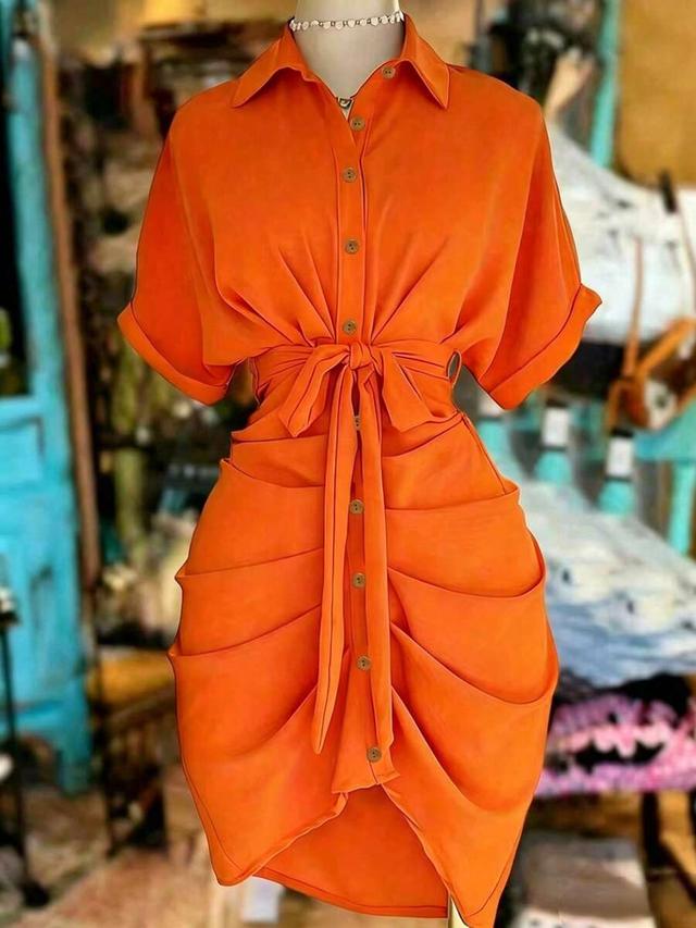 vibrant orange button-down shirt dress with waist tie