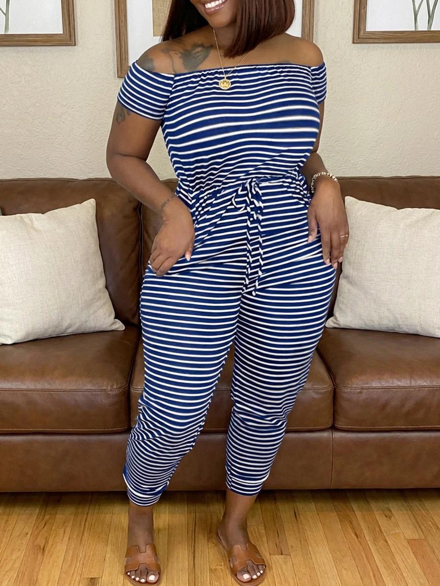 navy and white striped off-shoulder jumpsuit