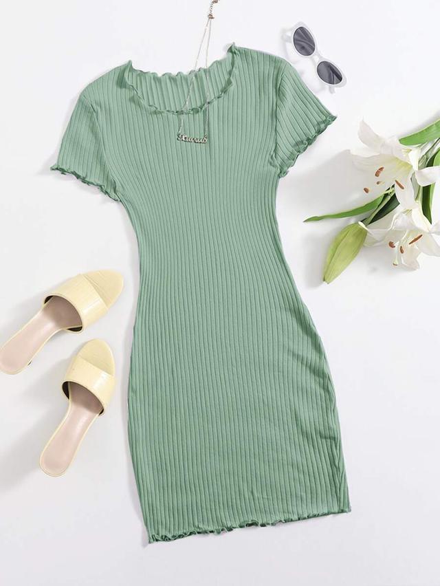 pastel green rib-knit lettuce trim bodycon dress