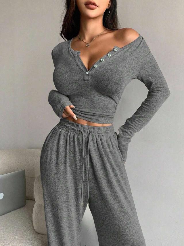 gray button front long sleeve lounge set