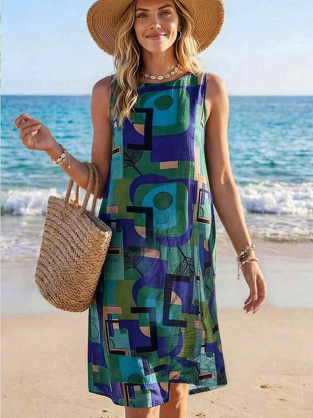 casual printed sleeveless round neck a-line summer dress