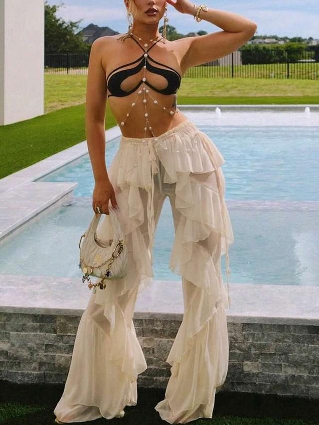 aesthetic lace-up ruffle hem wide leg pants