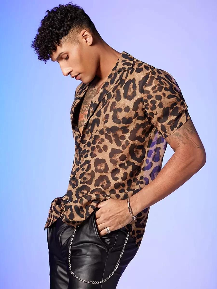leopard print sheer lapel collar button up shirt